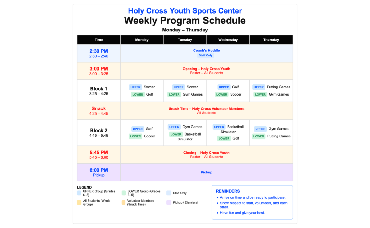 youth sports center schedule